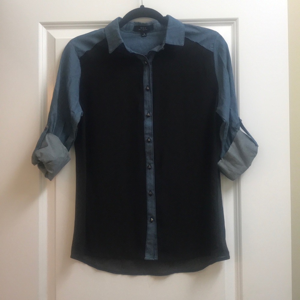 Sheer black and denim button up blouse, Small